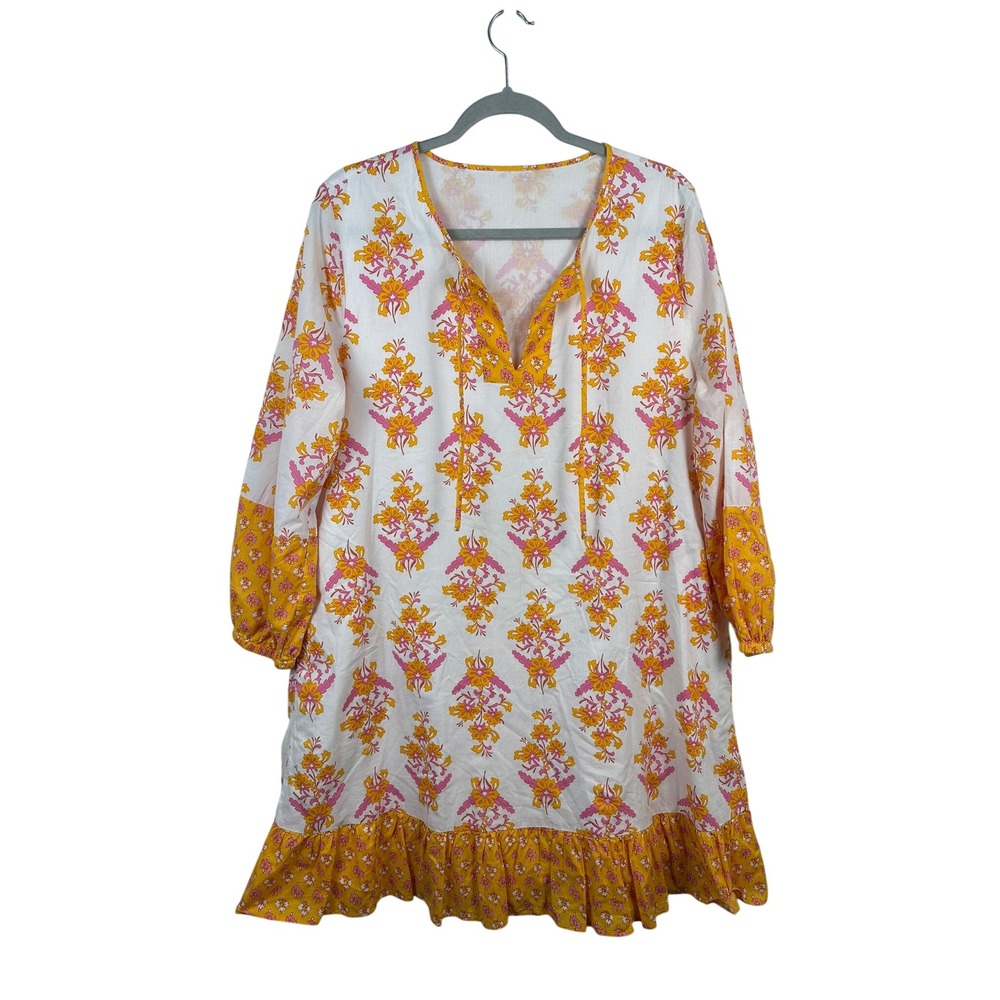 J. Crew Tunic Dress Womens OS Yellow Floral Block Print Good Ruffle Cotton 3313